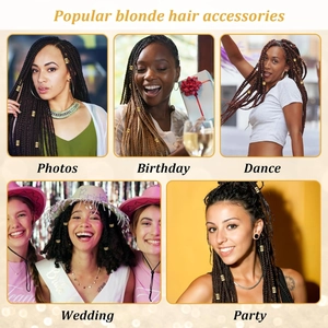 Gold hollow hair cuffs for dreadlocks shown in wedding and party lifestyle settings