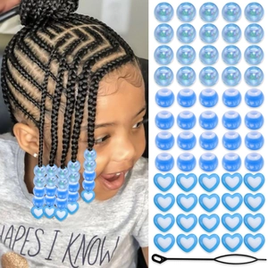 Blue acrylic dreadlock bead set with heart patterns and LOVE text for kids hair styling