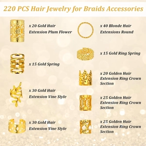220-piece gold hair jewelry set featuring rings, crowns, and spring coils for braids
