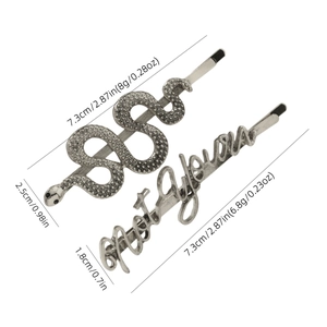 Vintage silver snake hair clip and Not Yours letter hairpin set with size dimensions
