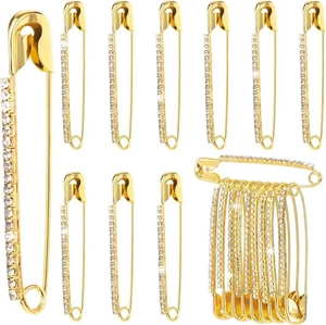 Golden safety pin brooch set with sparkling rhinestones for sweaters and shawls decoration