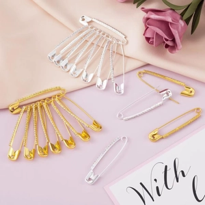 Elegant rhinestone safety pin brooch in gold and silver finish for sweaters and shawls