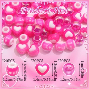 Macro product detail showing heart and round acrylic beads with LOVE text and dimensions