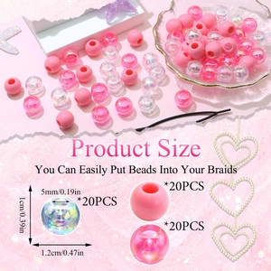 Détail de 60 perles de tressage roses en acrylique avec grand trou de 5mm et dimensions