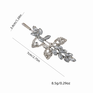Silver rhinestone leaf hair clip for bridal wedding featuring marquise crystals 7cm