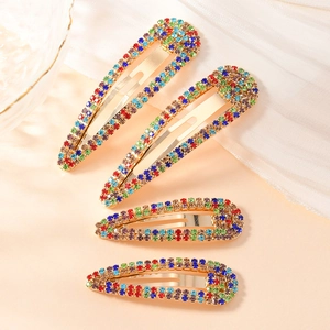 Lot de quatre barrettes à strass colorés en forme de goutte avec finition dorée