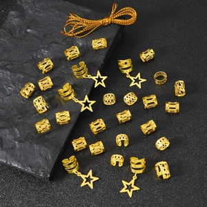 Set of 36 gold star dreadlock hair rings and cuffs for bohemian braid styling decor