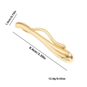 Polished gold liquid metal hair clip showing dimensions 8.4cm length and 1.9cm width