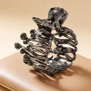Premium grey alloy claw clip with sparkling rhinestones for high ponytail hair styling