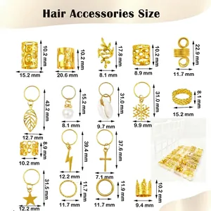 Size chart for 260pcs gold dreadlock jewelry set with storage box for hair braids