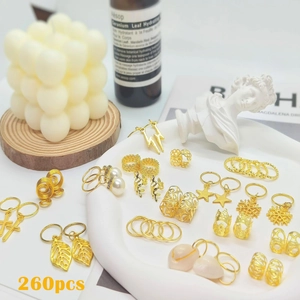 260pcs gold hair braid accessories set with stars shells and leaves pendants