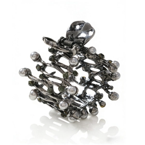 Elegant gun black alloy hair claw with white pearls and dark grey rhinestones on white background