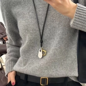 Minimalist Alloy Oval Pendant Long Necklace With Black Cord Round Buckle Women Sweater Chain Jewelry Daily Accessory