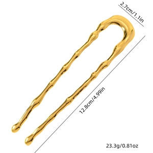 Golden U-shaped metal hair pin with bamboo texture design, dimensions 12.8cm by 2.7cm