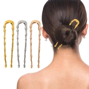 Minimalist Alloy U-Shaped Hair Stick Bamboo Wave Texture Metal Hair Fork Hairpin For Elegant Bun Updo Women Accessories