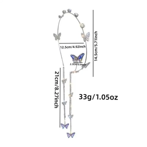Diamond butterfly headband with long tassels and silver metal frame dimensions detail