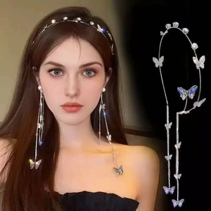 Sweet Rhinestone Butterfly Tassel Headband For Women Elegant Gold Silver Electroplated Metal Hair Band Accessory