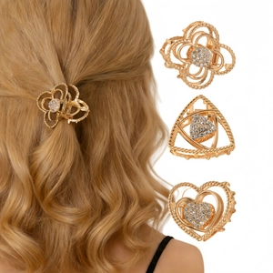 Elegant Gold Alloy Rhinestone Hair Claw Clip For Women Flower Heart Triangle Geometric Metal Hair Clip Twisted Texture Accessory