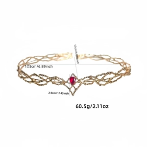 Detail view of gold elven crown crown with a red teardrop gemstone and dimensions