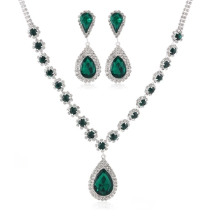 Parure de bijoux de mariée vert émeraude avec collier et boucles d'oreilles en argent