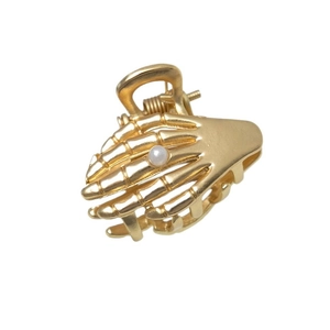 Molletta per capelli a mano di scheletro dorata stile gotico con perla bianca elegante