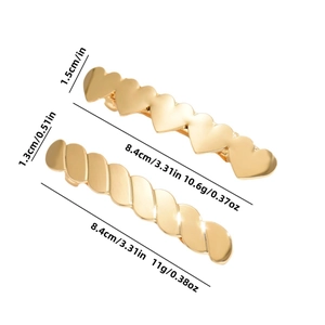 Golden metal hair clips set with heart pattern and twisted spiral design specifications