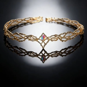 Golden forest vine tiara with iridescent diamond gemstone on a black reflective background