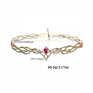 Golden hollow elven tiara with red teardrop gemstone for fantasy photography outfits