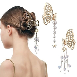 Pince à Cheveux en Métal Doré Papillon avec Gland Grande Pince Crabe Creuse avec Breloques en Künstliche Perles Accessoires Cheveux Femme