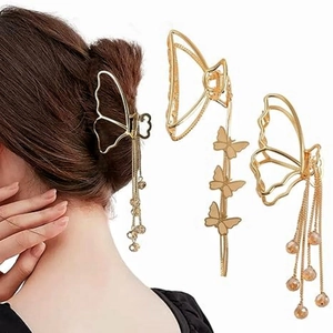 Set de pinces à cheveux papillon dorées avec pompons pour coiffures élégantes