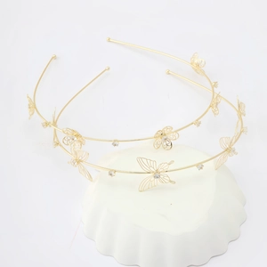 Elegant gold double-layered headband set with rhinestone butterflies and flowers