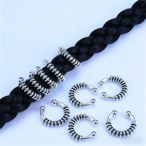 Vintage silver alloy spiral hair rings with ball ends for African braids and hair styling