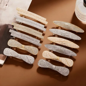 Elegant Alloy Rhinestone Faux Artificial Pearl Hair Clips Large Bow Leaf Rectangle Spring Clips For Wedding Party Women Hair Accessories