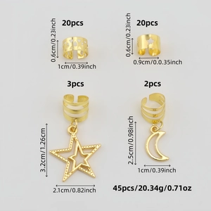 Set di 45 anelli per capelli in lega d'oro con ciondoli a stella e luna per donna
