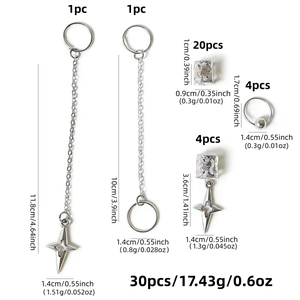 30pcs moon and star hair rings set with detailed measurements for DIY hair styling