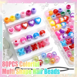 Detailed set of 80 colorful multi-shape acrylic beads for hair braiding in a storage box