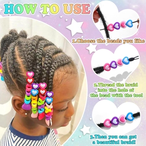Three-step tutorial showing how to use colorful heart beads for hair braids with tools