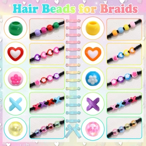 Close-up of 80pcs colorful acrylic hair beads for braids in heart and flower shapes