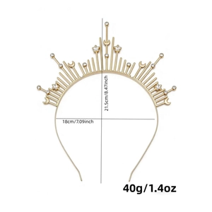 Golden celestial star and moon headband with rhinestones for women, 21.5cm by 18cm size