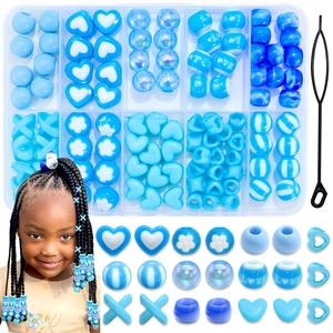 80pcs blue acrylic hair beads set for braids including heart stars and threading tool