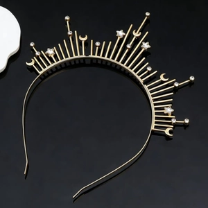 Golden celestial star and moon headband with rhinestones for bohemian festive hair styling