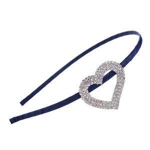 Elegant navy blue satin headband with a sparkling heart-shaped rhinestone embellishment