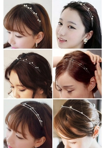 Detail of double-layer metal headband with white pearls and sparkling rhinestones