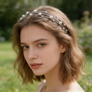 Serre-tête élégant à trois couches avec perles et strass sur un modèle en extérieur
