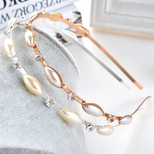 Elegant Alloy Rhinestone Faux Artificial Pearl Headband Korean Style Thin Metal Hair Hoop For Women Wedding Daily Hair Accessories