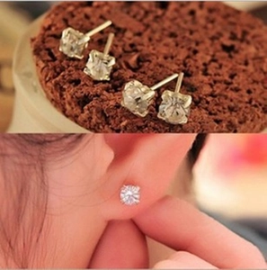 Sparkling silver square and round cubic zirconia stud earrings with four-prong settings