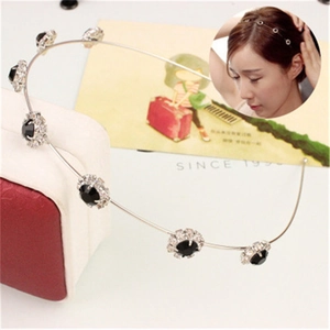 Close-up of elegant silver sunflower headband with black crystals and white zircons