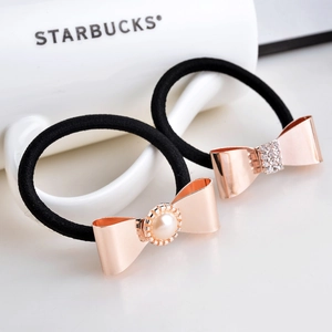 Élastiques à Cheveux Nœud Papillon Style Coréen Alliage Or Rose Métal Fausse Künstliche Perle Strass Cordes à Cheveux Noires Élastiques pour Femmes Bijoux