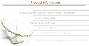 Detail view of gold pearl headband showing 11.4cm inner diameter and adjustable frame