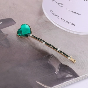 Vintage gold heart hair clip with emerald green crystal and black rhinestones
